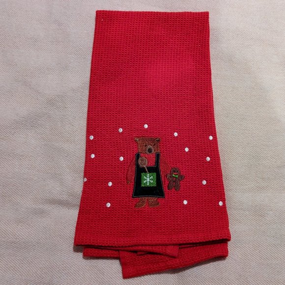 NWT Crate & Barrel Holiday Bear Towels SET of 2 (Gingerbread design) - Picture 2 of 12